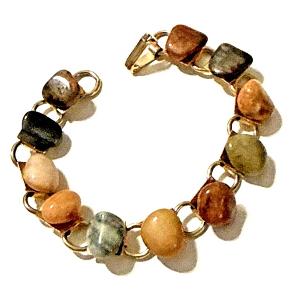Vintage Semi Precious Stone Bracelet Polished Agate Gold Tone Links Statement 7"